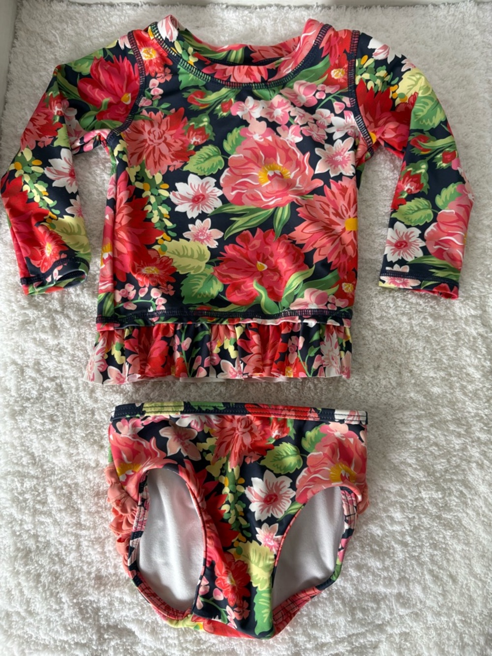 RuffleButts RashGuard Long Sleeve Two Piece Swimsuit Navy Pink Floral 12-18 mo.